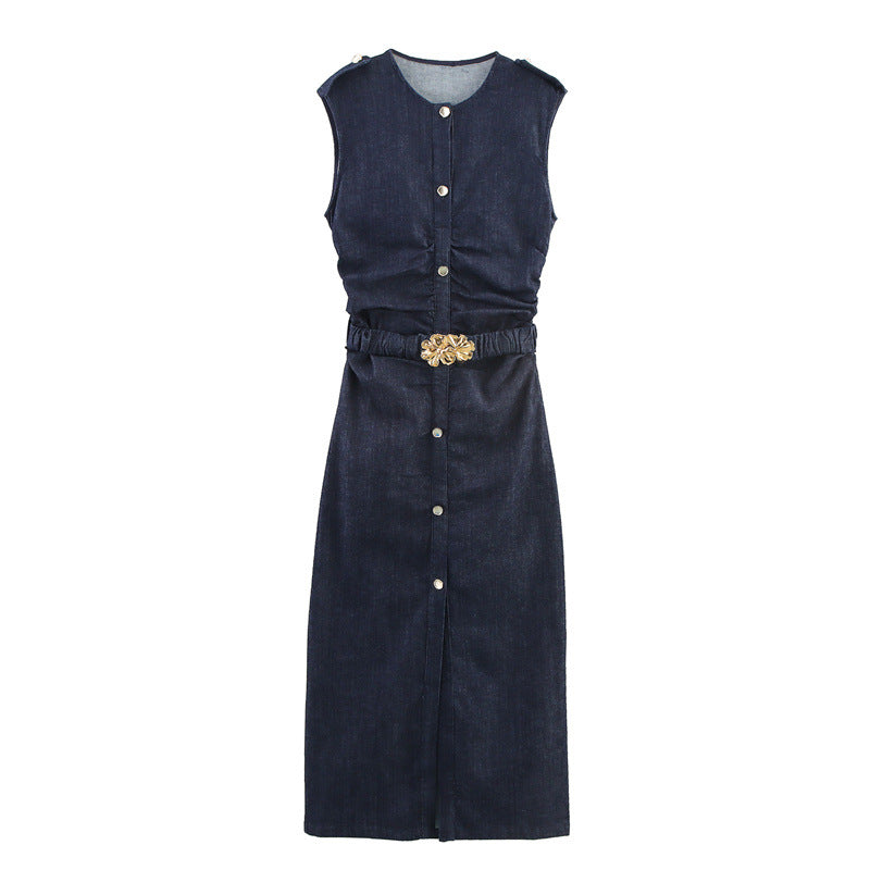 Elegant Sleeveless Pleated Dress with Belt Style Fashion Casual Women's Dress