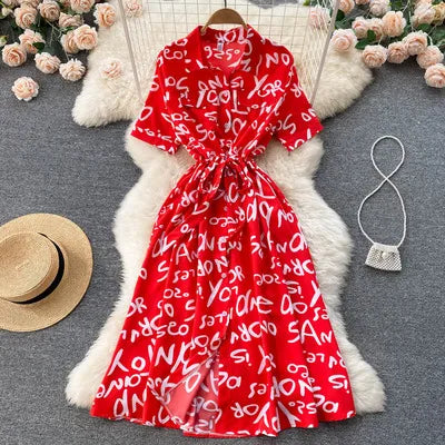 Summer Dress Women Single Breasted Lapel Short Sleeve High Waist Midi Long Dress Letter Print Fashion Casual Dresses Female