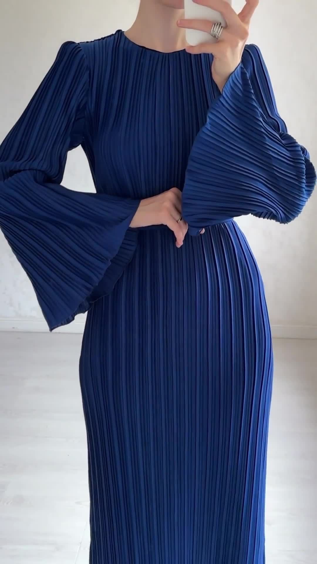 Fashion Blue O-Neck Dresses For Women Elegant Long Sleeve Lace-Up Straight Dresses Casual Solid Midi Dress Streetwear