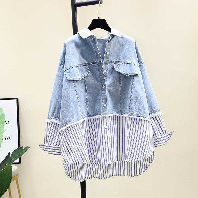 Denim Shirt Women's Spring New Korean Style Fashion Loose Casual Striped Stitching Long Sleeve Shirt