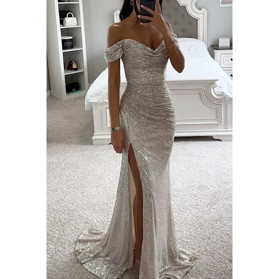 Party Sequin One-Shoulder Slit Dress INS Casual Fashion Dress for Women