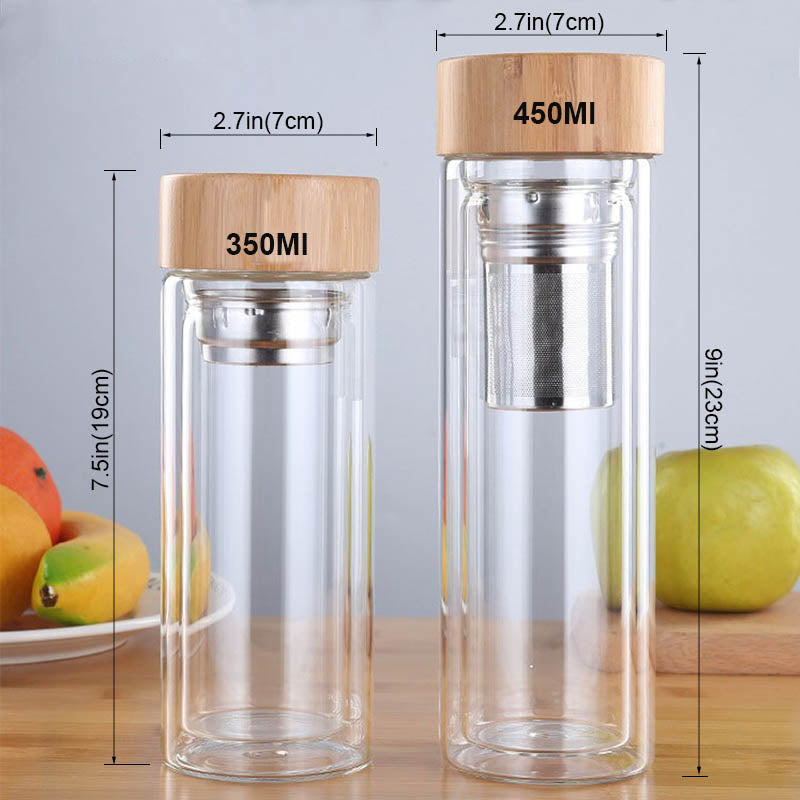 450Ml Glass Water Bottle Anti-scald Double Wall Tea Bottle With Infuser Filter Strainer Office Clear Drinking Bottle