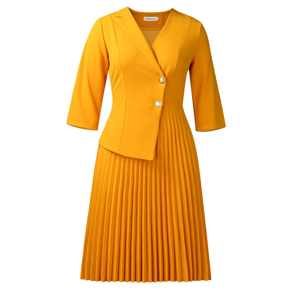 Suit collar pleated dress