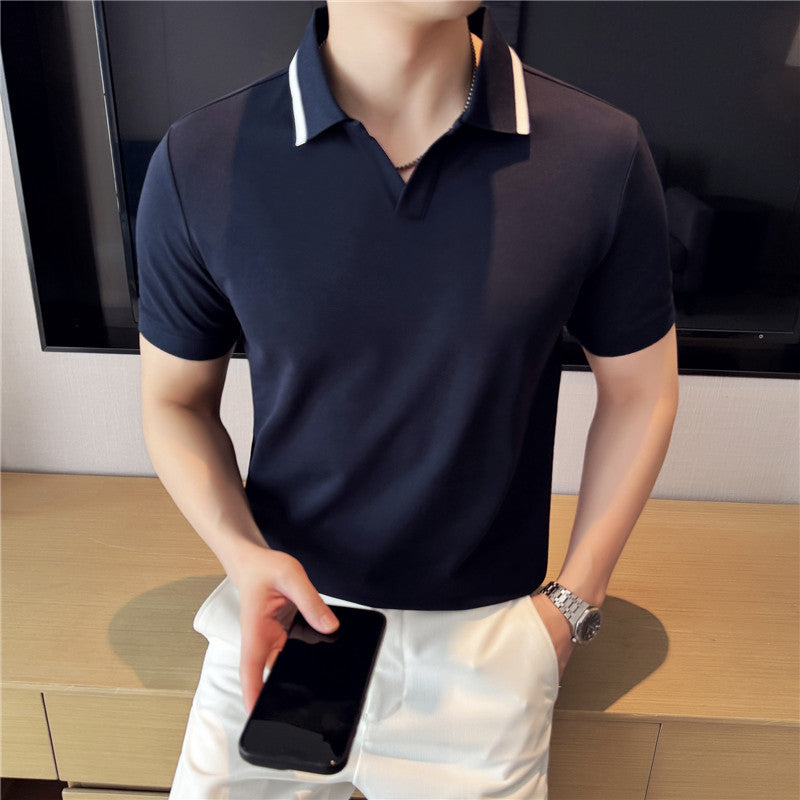 Solid color short sleeved polo shirt for men