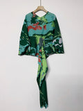 Women V-Neck Batwing Sleeve Pleated Dress Fashion Print Color Block Loose Female Casual Clothing