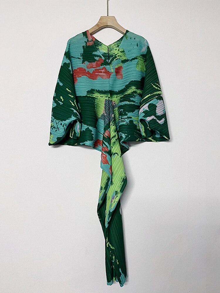Women V-Neck Batwing Sleeve Pleated Dress Fashion Print Color Block Loose Female Casual Clothing