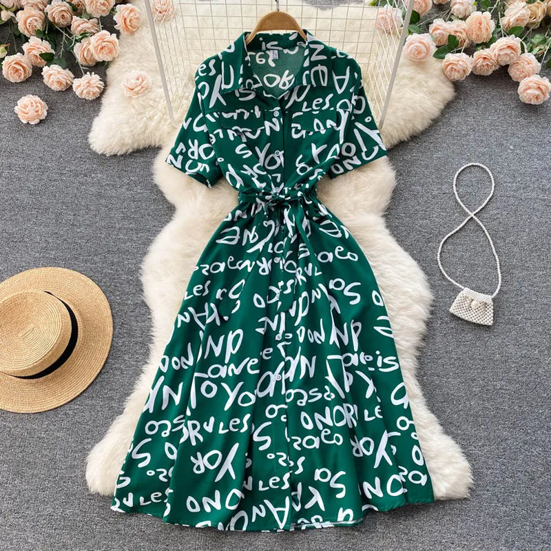 Summer Dress Women Single Breasted Lapel Short Sleeve High Waist Midi Long Dress Letter Print Fashion Casual Dresses Female