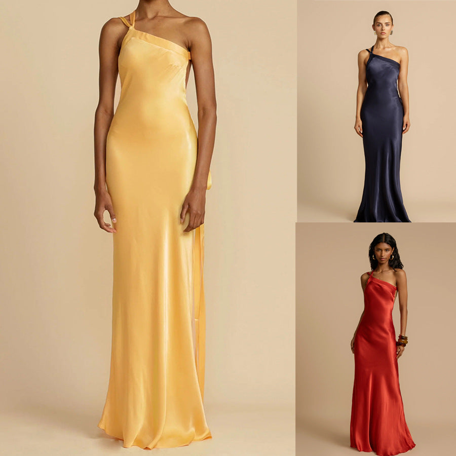 Chic Asymmetrical Shoulder Fitted Dress for Women, Casual Fashion Satin DressSummer Party Dress