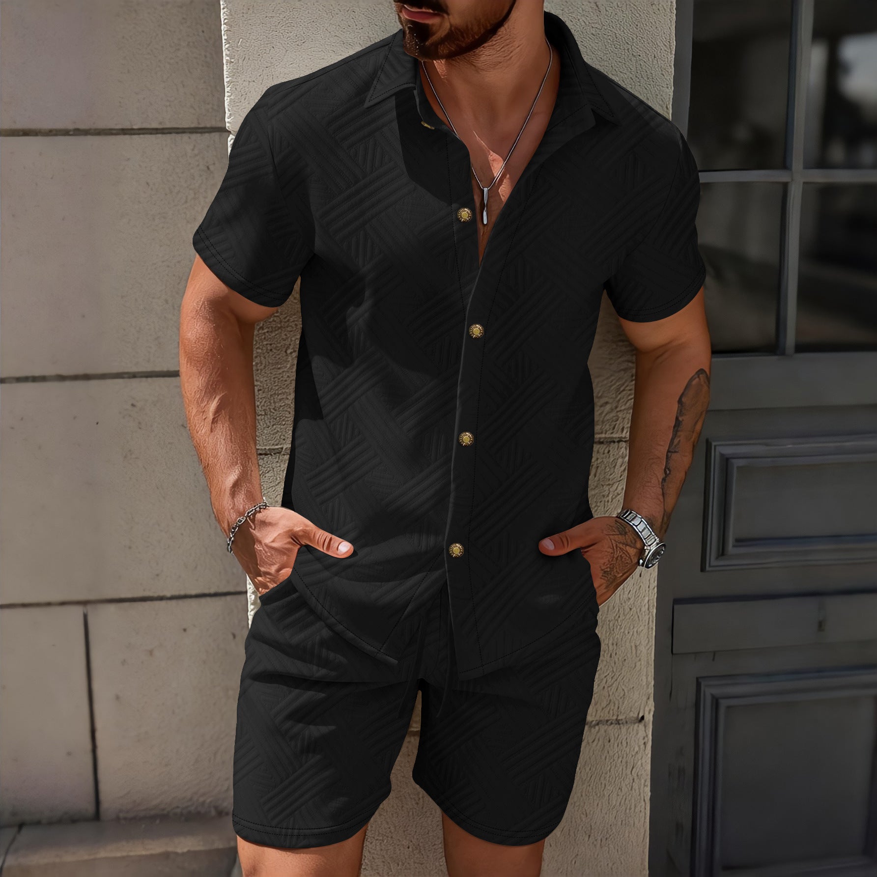 Men's spring solid-color jacquard lapel cardigan, short-sleeved shirt, shorts and two casual pieces