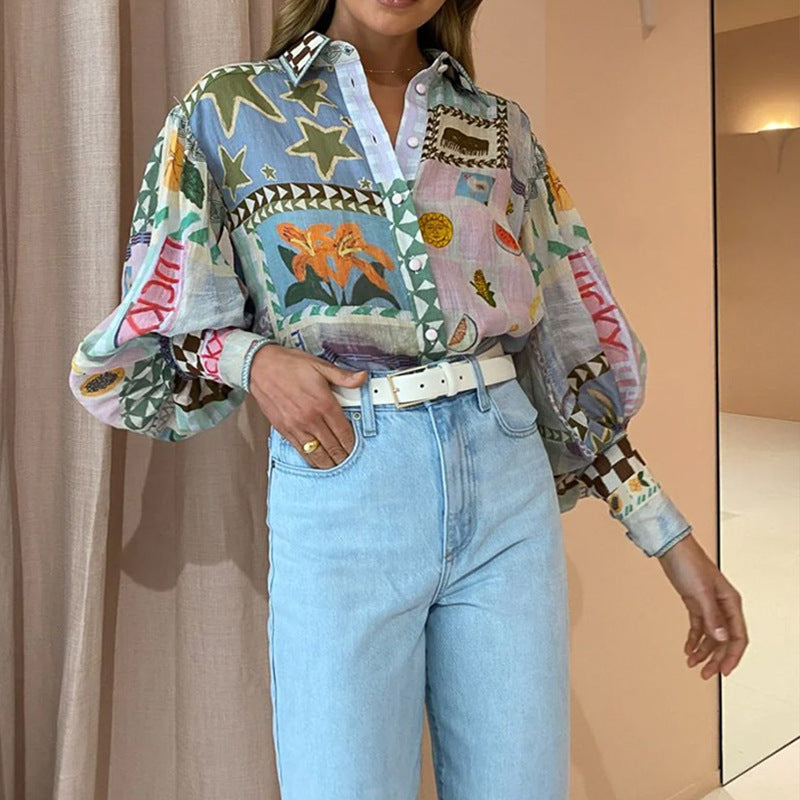 Notched Collar Long Sleeve Printed Casual Fashion Blouse for Women