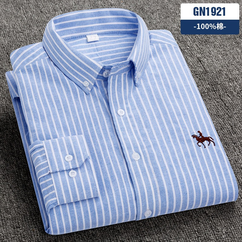 Pure cotton men's long-sleeved Oxford shirt for young and middle-aged men embroidered large size