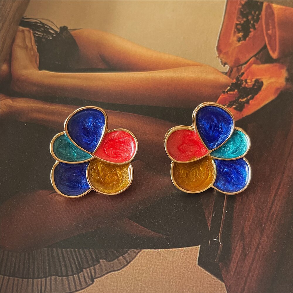 S925 Vintage Enamel Imitation Pearl Geometric Flower Irregular Drop Glaze Stud Earrings for Women Girls Party Travel Jewerly