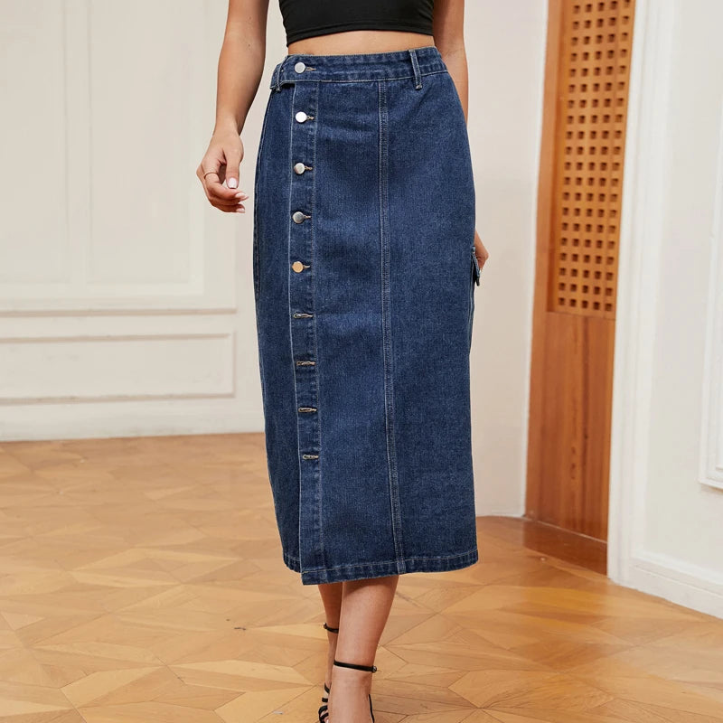 Women's Fashion New Autumn Casual Street Solid Color Non-Elastic Pocket Splicing Button Slim Slit Ladies Denim Skirt 2023