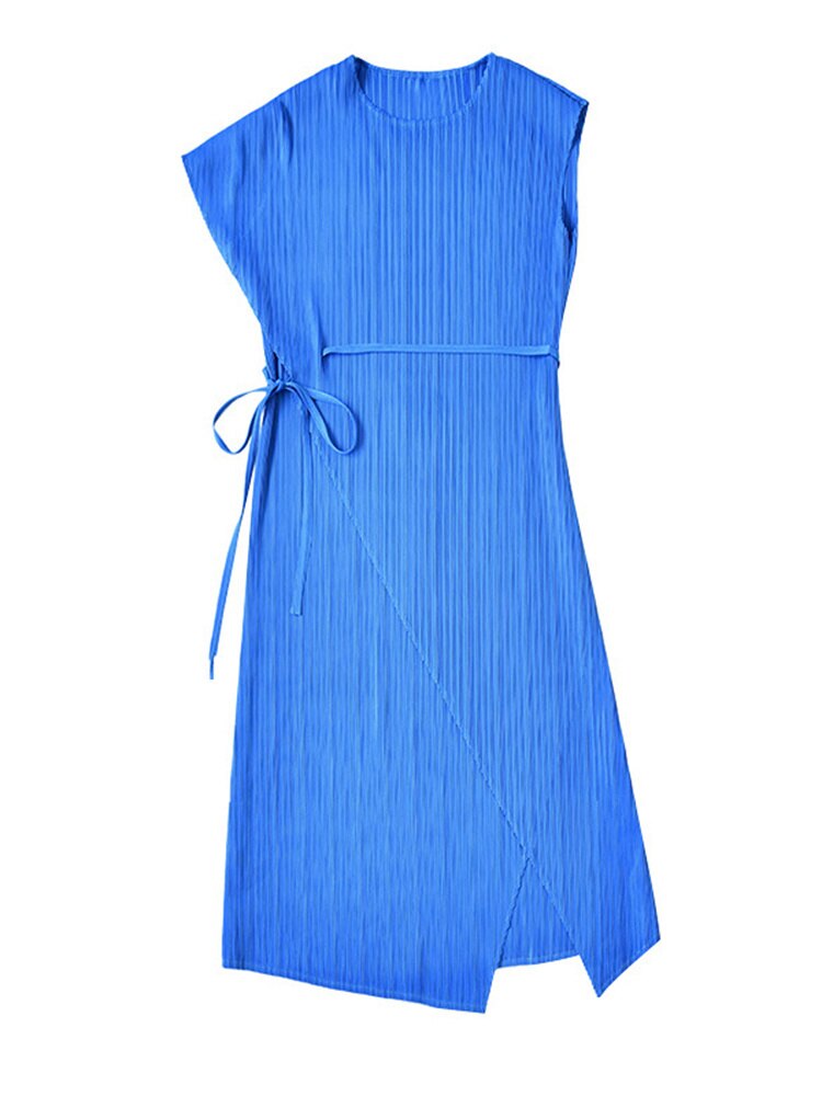 Fashion Pleated Dress For Women New O-neck Short Sleeve Irregular Lace Up Long Casual Dresses Female