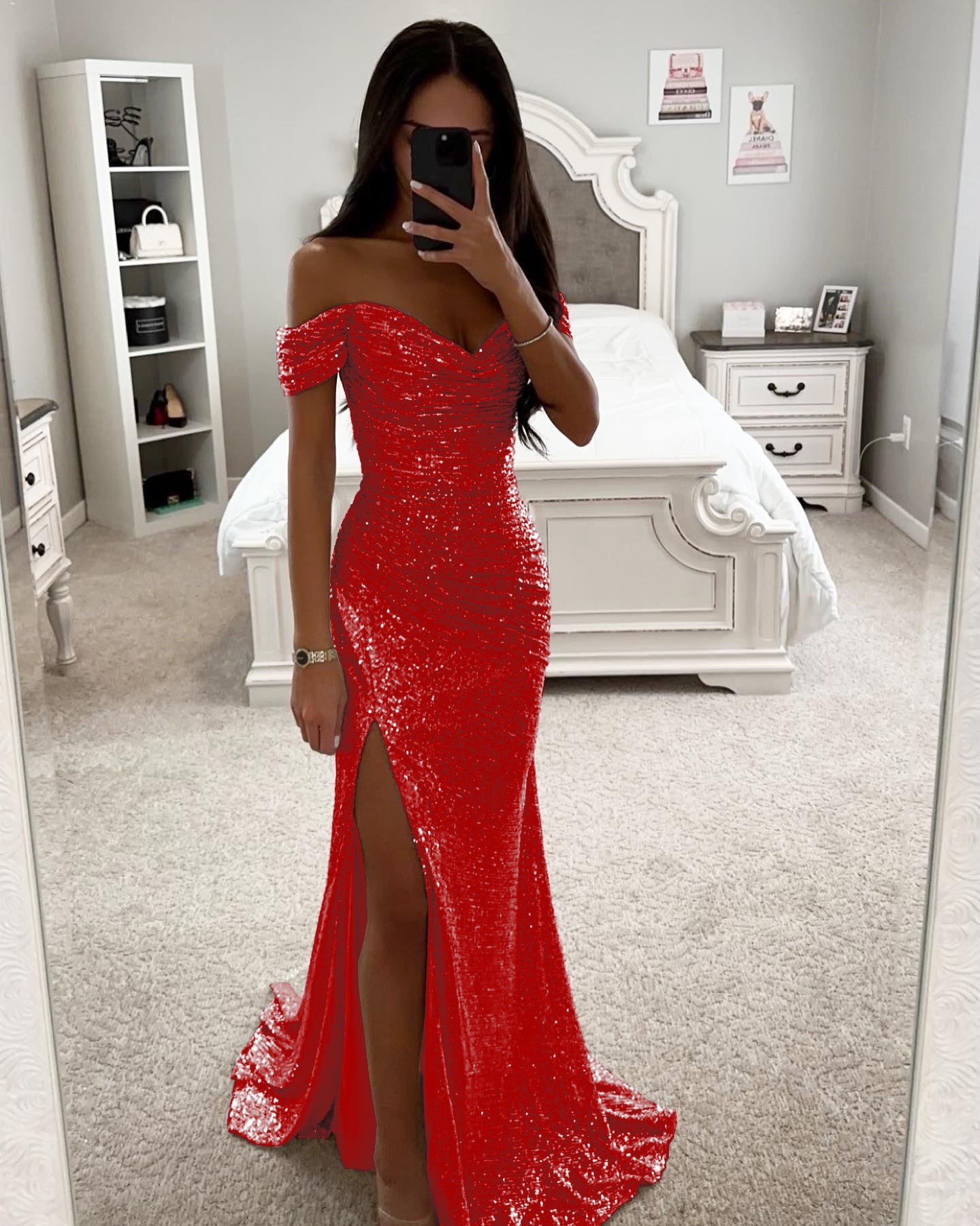 Party Sequin One-Shoulder Slit Dress INS Casual Fashion Dress for Women
