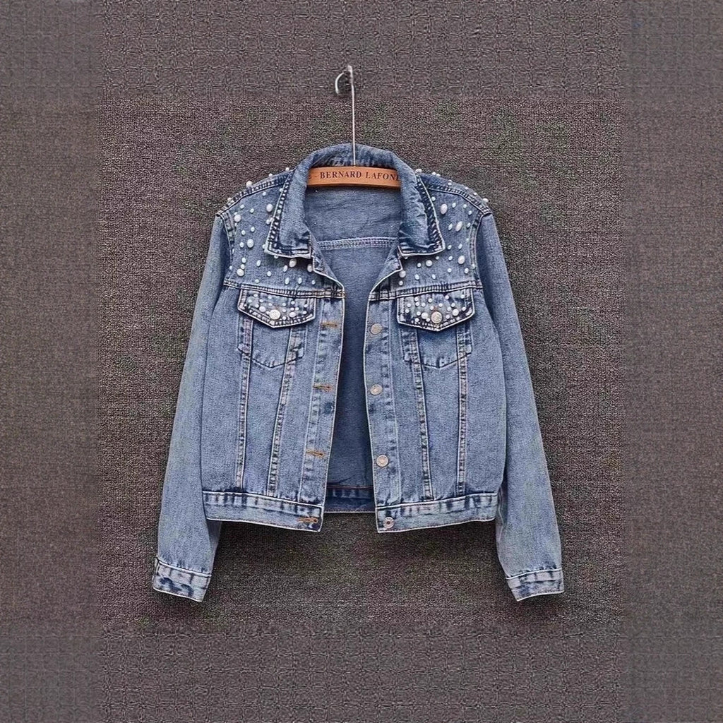 Printed Heavy Beaded Pearl Denim Jacket for Women, Slim Fit Casual Fashion Coat