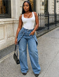 Women's Casual Denim Pants Street Fashion Asymmetrical Button Design Straight Leg