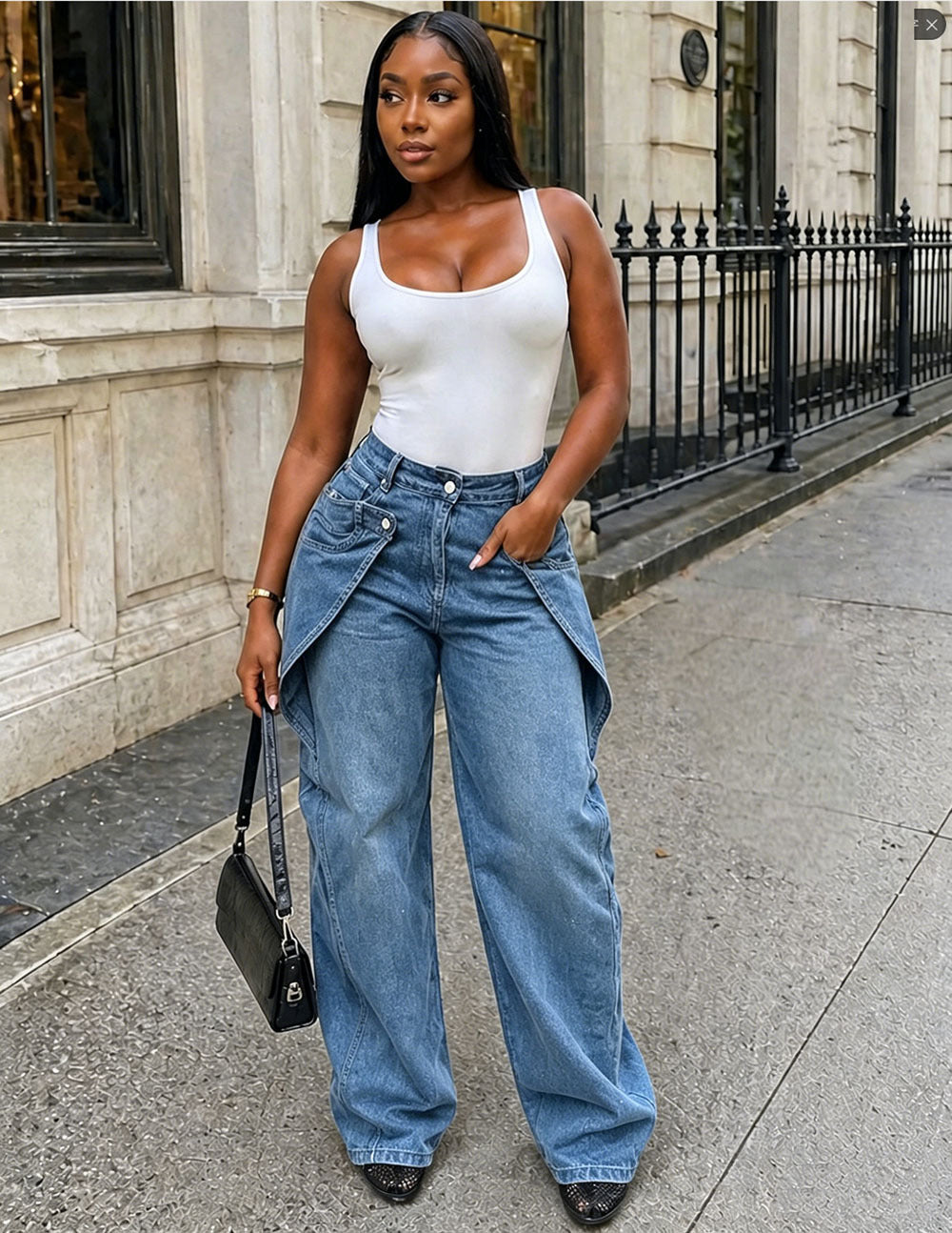 Women's Casual Denim Pants Street Fashion Asymmetrical Button Design Straight Leg