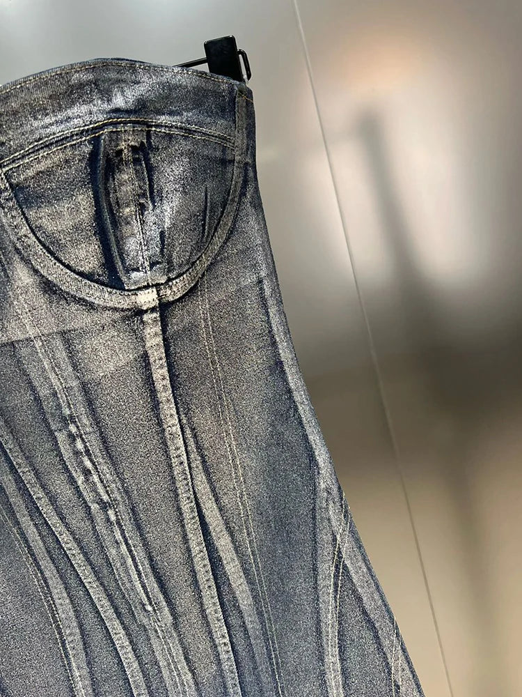 Denim Slimming Dresses For Women Strapless Sleeveless High Waist Spliced Striped Casual Dress Female Fashion New