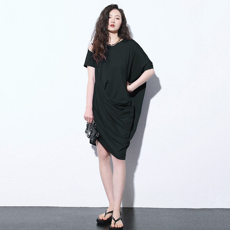 Irregular Casual Dress Fashion Hollow Out Folds Temperament Goddess Fan Women Summer New Arrival Loose Dress