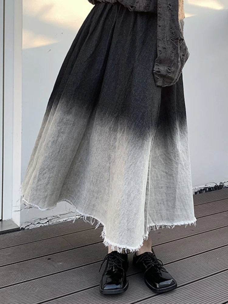 High Elastic Waist Gradual Color Burr Denim Long Casual Half-body Skirt Women Fashion Tide New Spring Autumn