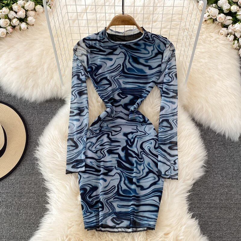 Spring Fashion Striped Print Bodycon Mini Dress Women Fashion Streetwear Casual O-neck Long Sleeve Slim Mesh Club Dresses