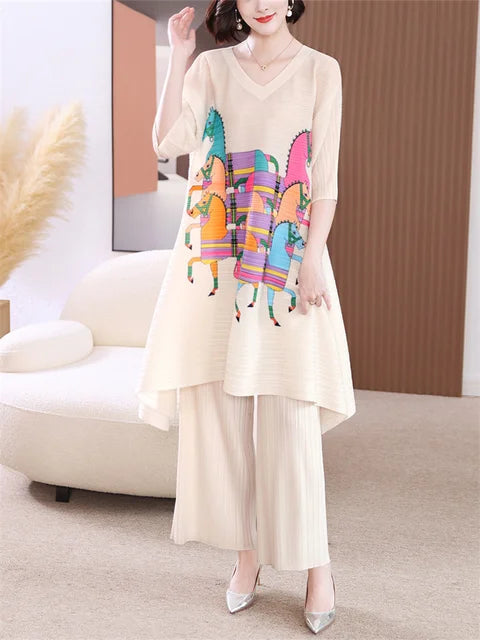 Fashion Suit Women's Summer New Casual Two-Piece Suit Miyake High-End Pleated Fashion Printed Plus Size Women's Clothing