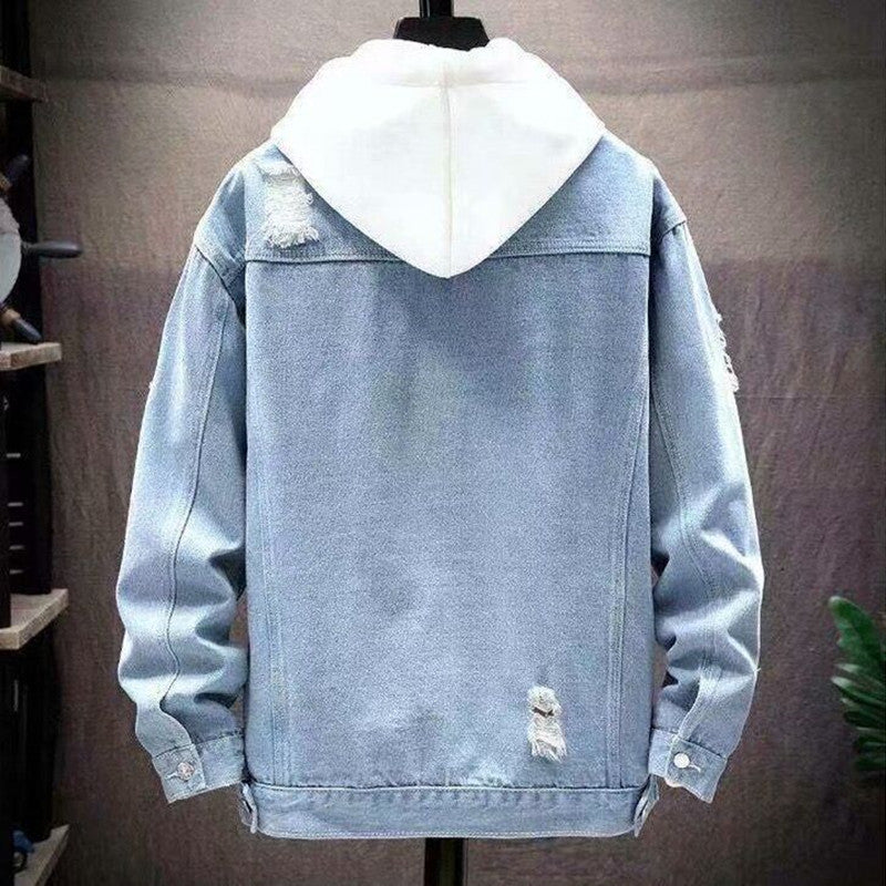 Spring and Autumn Fashion Casual Korean-Style Ripped Men's Denim Jacket, Washed Solid Color Denim Coat