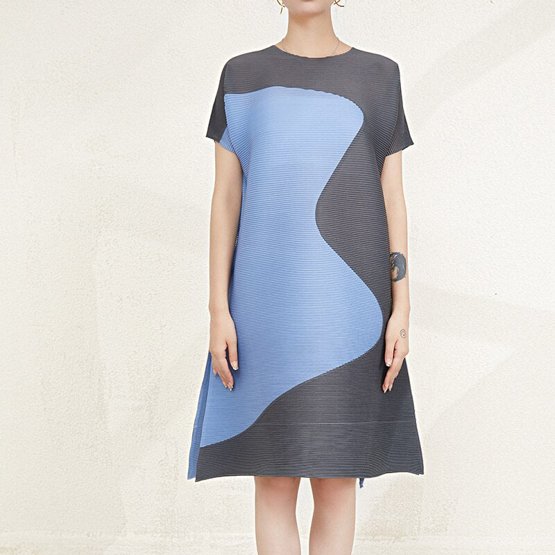 Pleated Dress For Women Fashion Printed Round Neck Short Sleeves Contrast Color A-line Dresses Casual
