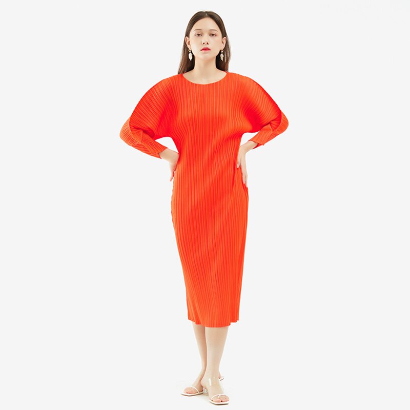 Pleated Bat Sleeve Dress Women Spring New Korean Fashion Long Sleeve Casual Elegant Long Aesthetic Clothes