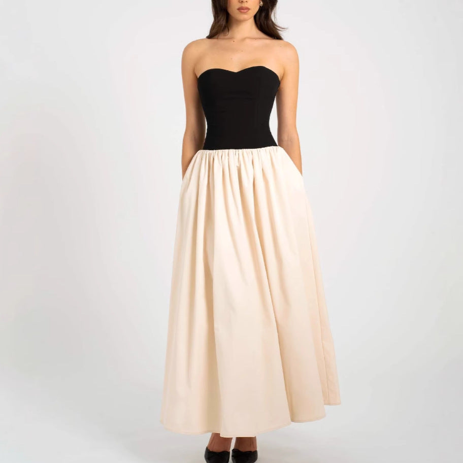 Fashion contrasting strapless sleeveless dress for women
