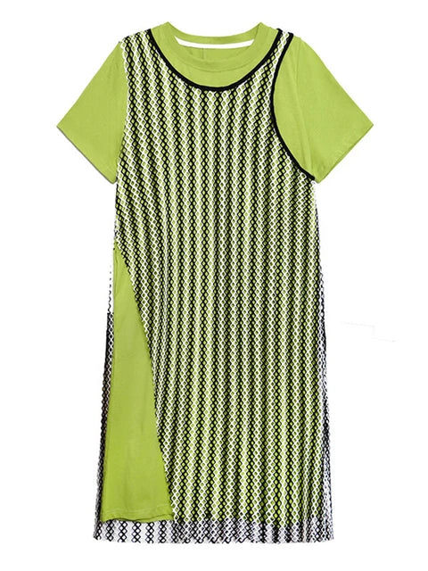 Women Black Irregular Mesh Big Size Casual Midi Dress New Round Neck Short Sleeve Fashion Tide Spring Summer