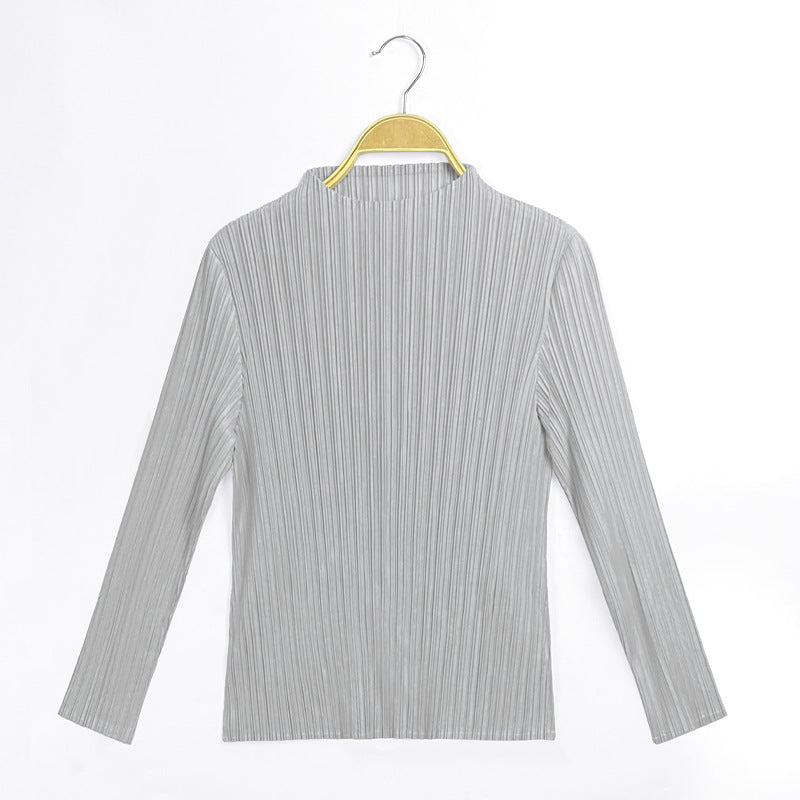 Simple classic style pleated women's long-sleeved tops women's spring stand-up collar long-sleeved tops T-shirt