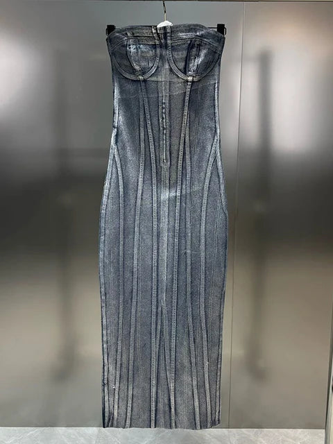 Denim Slimming Dresses For Women Strapless Sleeveless High Waist Spliced Striped Casual Dress Female Fashion New
