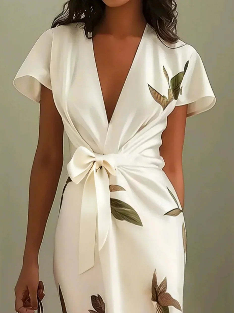 Fashion Satin Printed Belted Dress