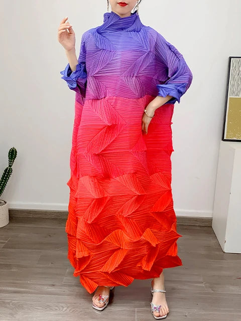 Pleated Gradient Long Dress Women Fashion Turtleneck Contrast Color Loose Dresses Casual