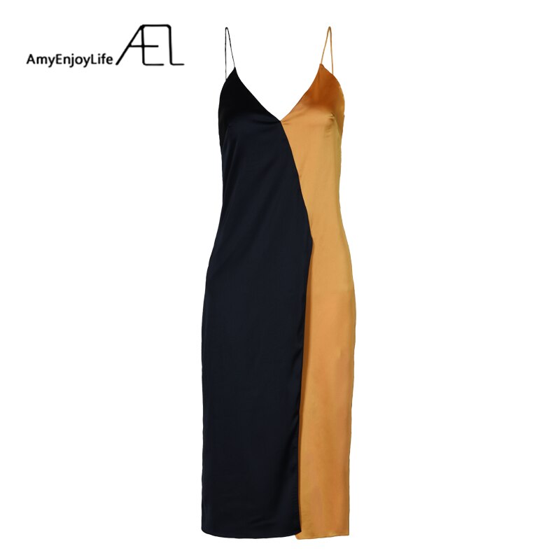 Fashion Satin Splicing Women Spaghetti Strap Dress Robe Femme Sexy Casual Clothing