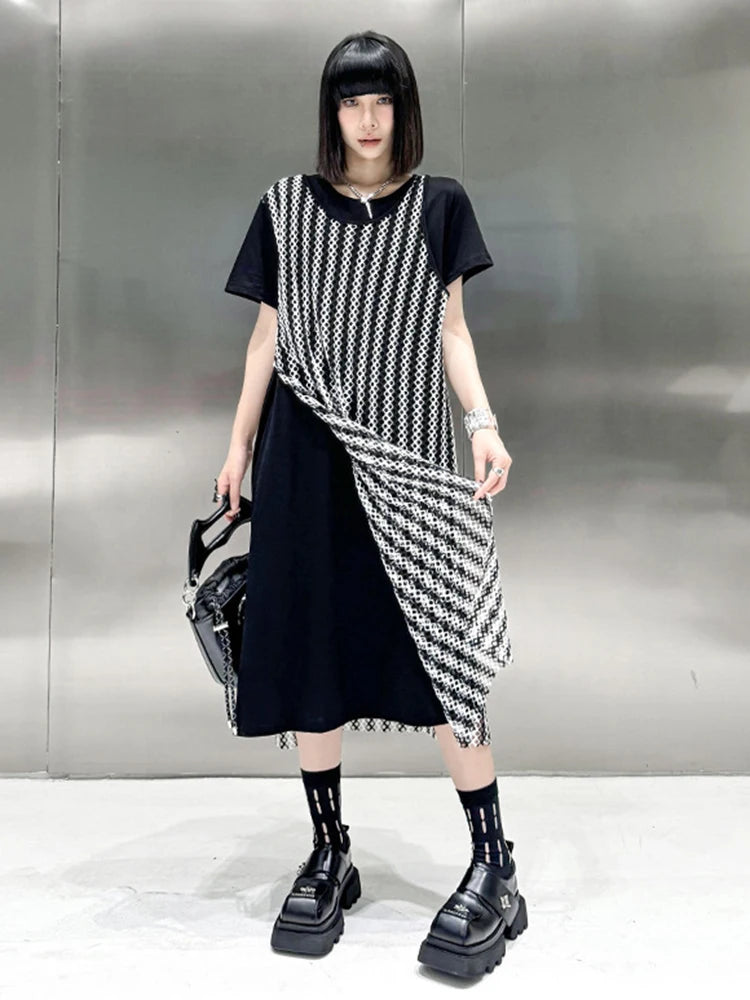 Women Black Irregular Mesh Big Size Casual Midi Dress New Round Neck Short Sleeve Fashion Tide Spring Summer