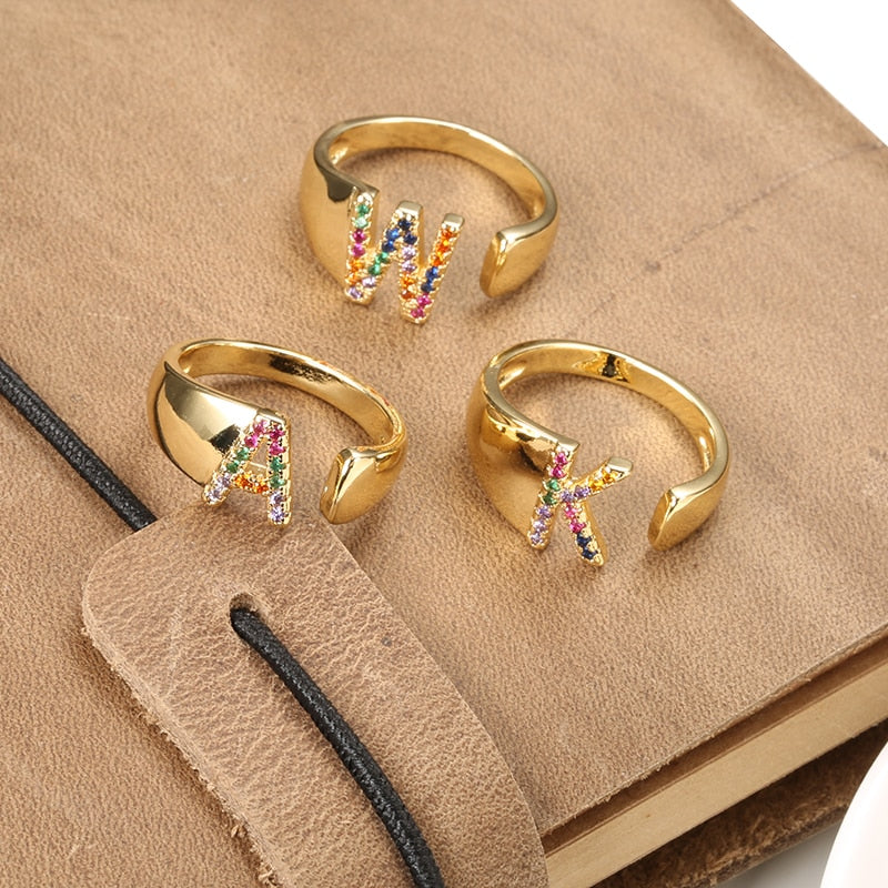Adjustable A-Z Initial Ring Bohemian Copper Zircon Rainbow Letter Ring