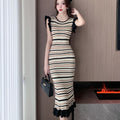 OFF summer streetwear chic korean new in fashion stripe bodycon knitted midi dresses for women casual ruffles O-neck dress femme