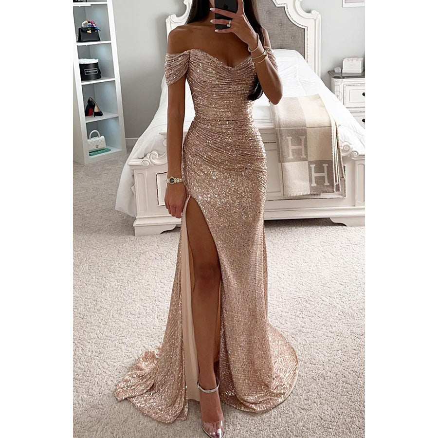 Party Sequin One-Shoulder Slit Dress INS Casual Fashion Dress for Women