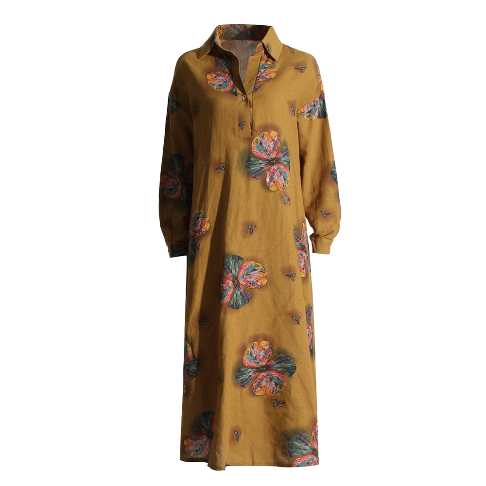 Casual Printing Dresses For Women Lapel Long Sleeve Loose Waist Patchwork Button Elegant Dress Female Fashion