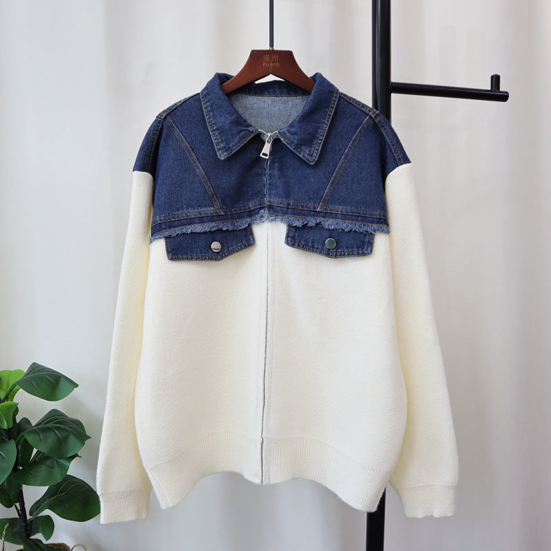 Splicing denim knit cardigan, loose casual versatile zipper sweater jacket, women's fashion