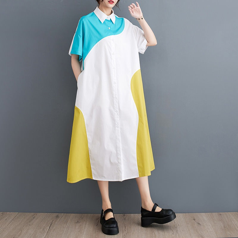 Casual Shirt Dress Loose Fashion Contrast Color Short Sleeve