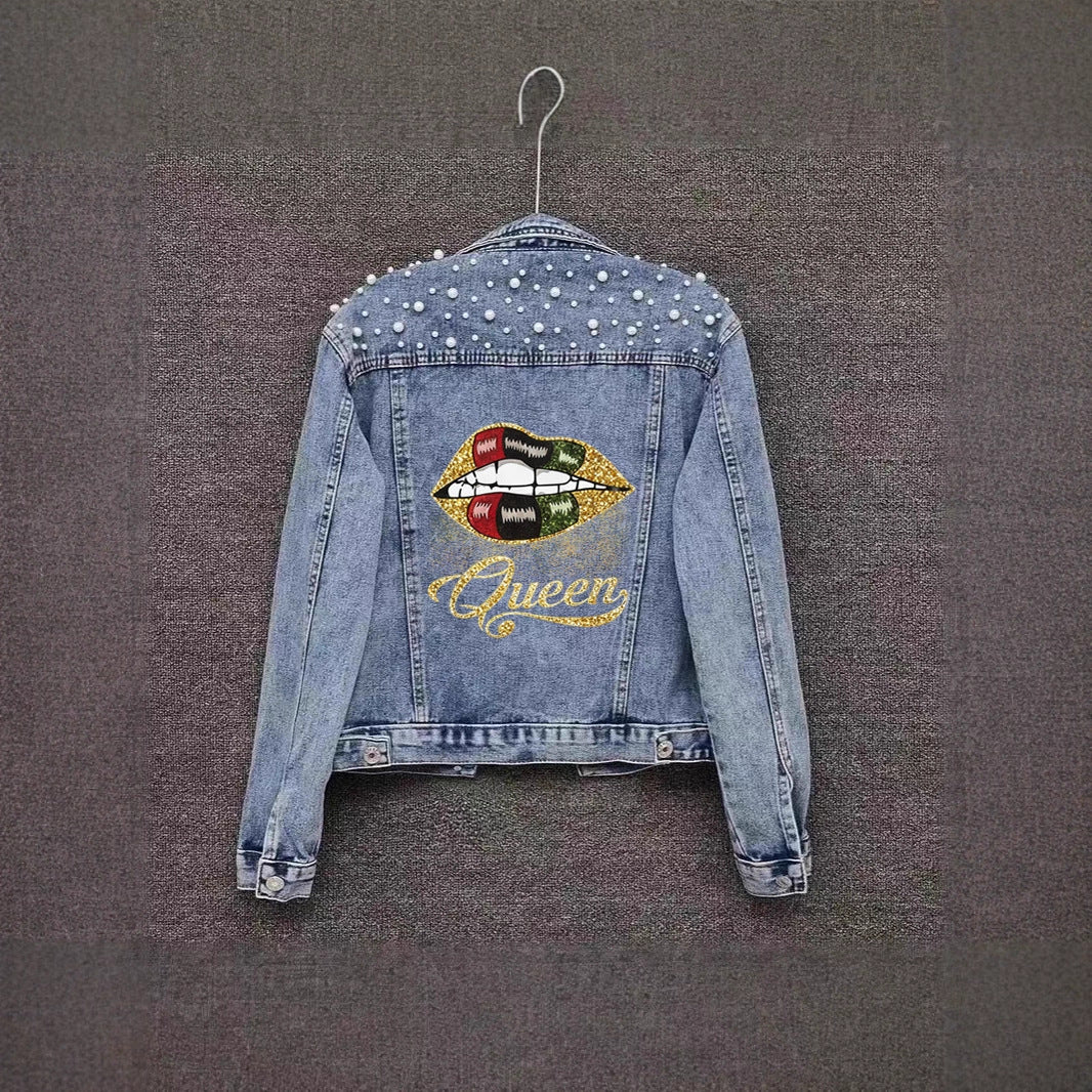 Printed Heavy Beaded Pearl Denim Jacket for Women, Slim Fit Casual Fashion Coat