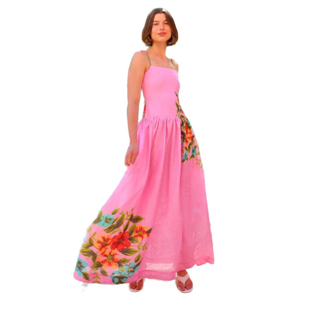 Fashion thin suspender printed backless dress for women
