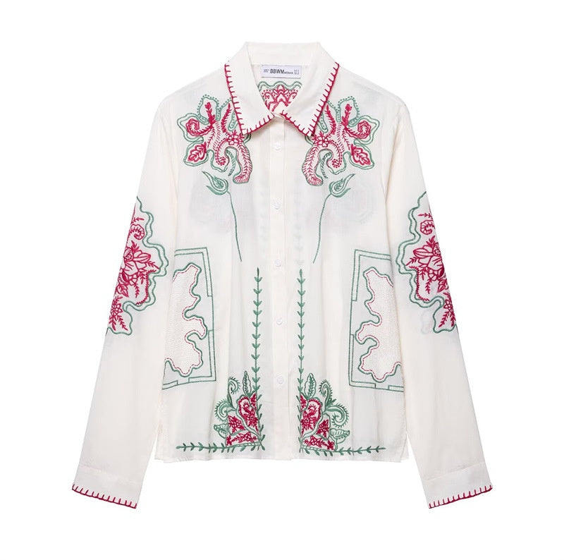 Style Women's Fashion Casual Embroidered Shirt with Belted Pants