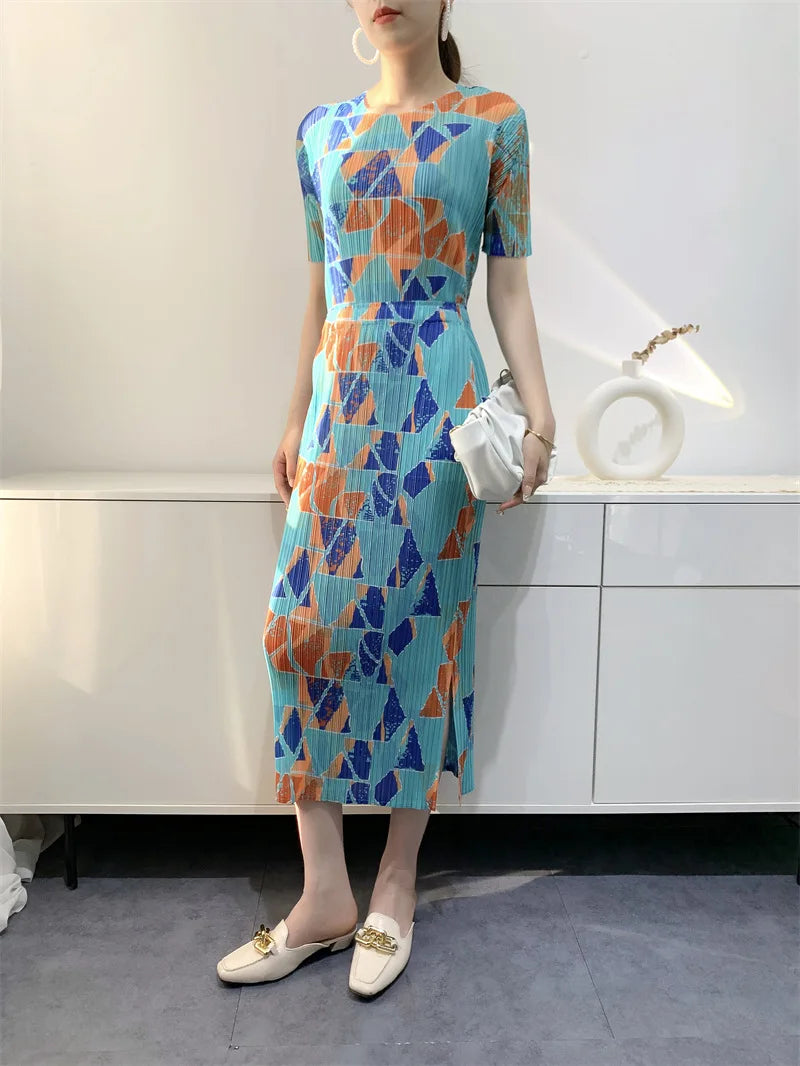 Women  Summer New Fashion Digital Printing Split Comfort and Casual Pleated  Women dress