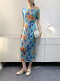 Women  Summer New Fashion Digital Printing Split Comfort and Casual Pleated  Women dress