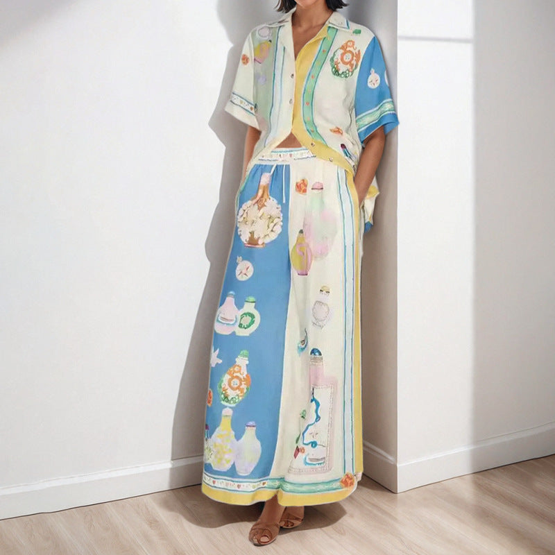 Fashionable and personalized short sleeved color blocked vacation fashion casual suit
